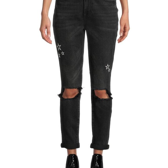 Y2K 90s Grunge Black Denim Jeans Sz 13 High Rise Relaxed Distressed Embroidered‎ - Picture 1 of 15